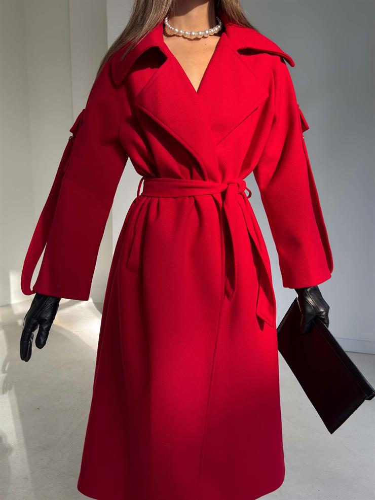 Geniş Yaka Kemerli Adel Kırmızı Kadın Kaban 26K002