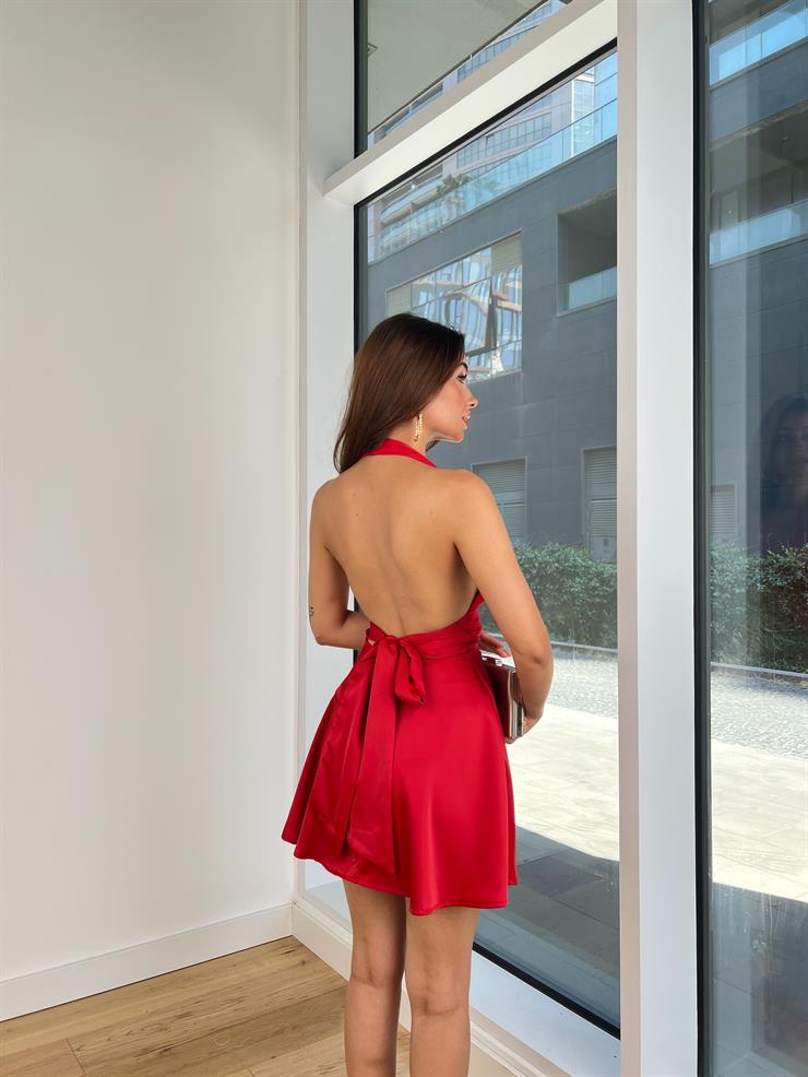 V Yaka Boyundan Askılı Belden Bağlamalı Adelen Kırmızı Kadın Mini Elbise 25K478