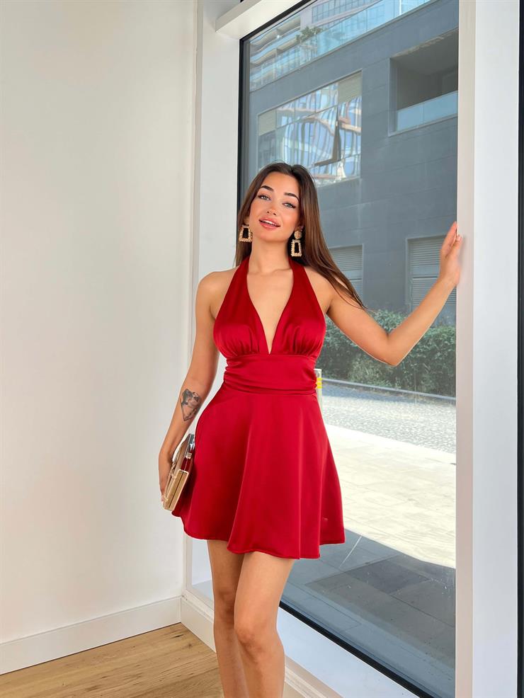 V Yaka Boyundan Askılı Belden Bağlamalı Adelen Kırmızı Kadın Mini Elbise 25K478