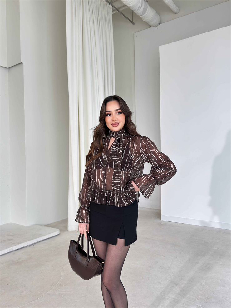 Kendinden Fularlı Transparan Kahverengi Adeline Kadın Bluz 26Y177