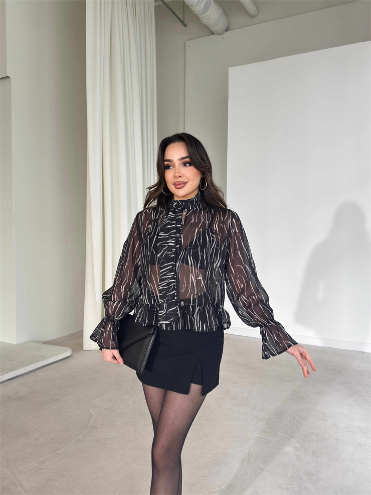 Kendinden Fularlı Transparan Siyah Adeline Kadın Bluz 26Y177