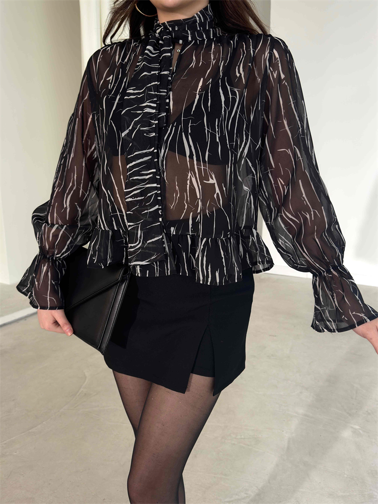 Kendinden Fularlı Transparan Siyah Adeline Kadın Bluz 26Y177