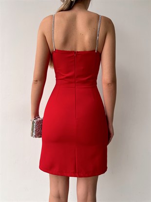 Mini İnce Taş Askılı Yandan Yırtmaç Adeline Kadın Kırmızı Elbise 22Y000053