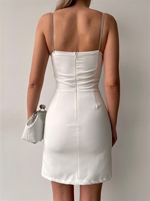 Mini İnce Taş Askılı Yandan Yırtmaç Adeline Kadın Beyaz Elbise 22Y000053