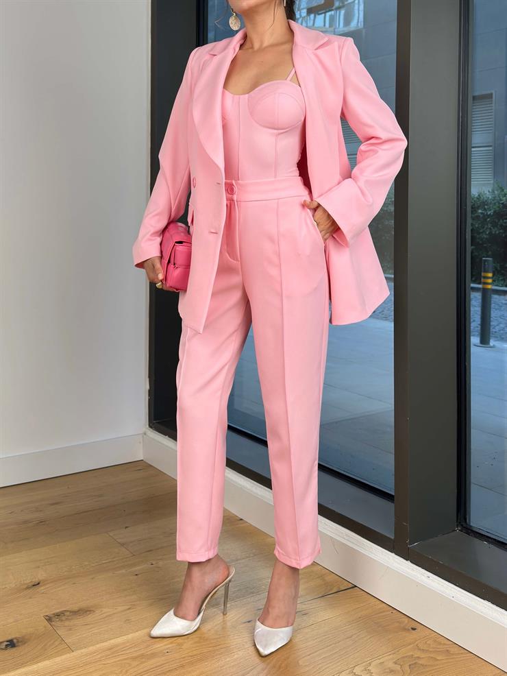 Askılı Korse Görünüm Crop Düğme Kapamalı Blazer Ceket Yüksek Bel Pantolon Adelisa Pembe Kadın Üçlü Takım 25Y493