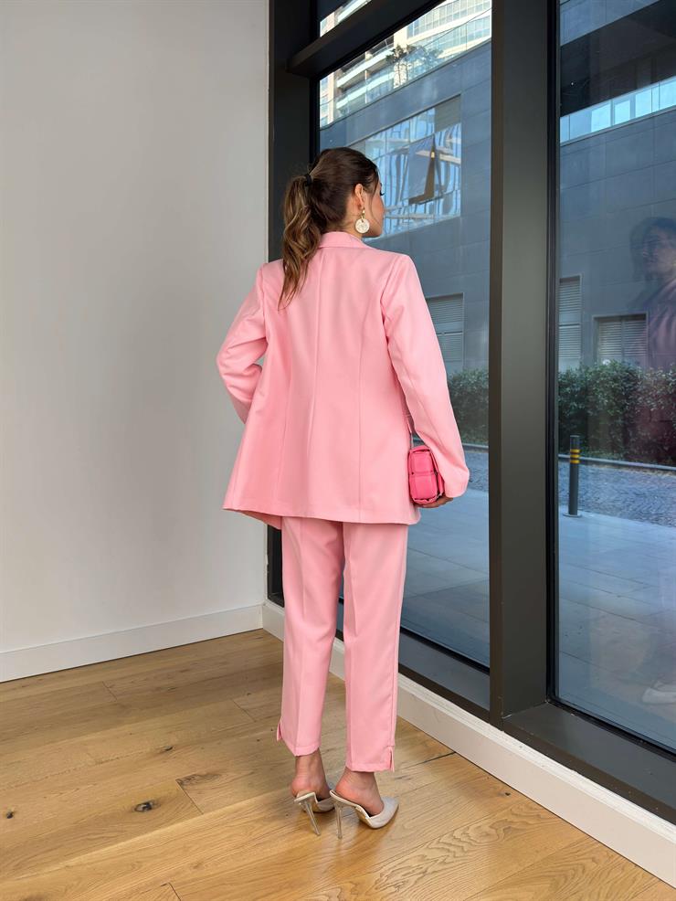 Askılı Korse Görünüm Crop Düğme Kapamalı Blazer Ceket Yüksek Bel Pantolon Adelisa Pembe Kadın Üçlü Takım 25Y493