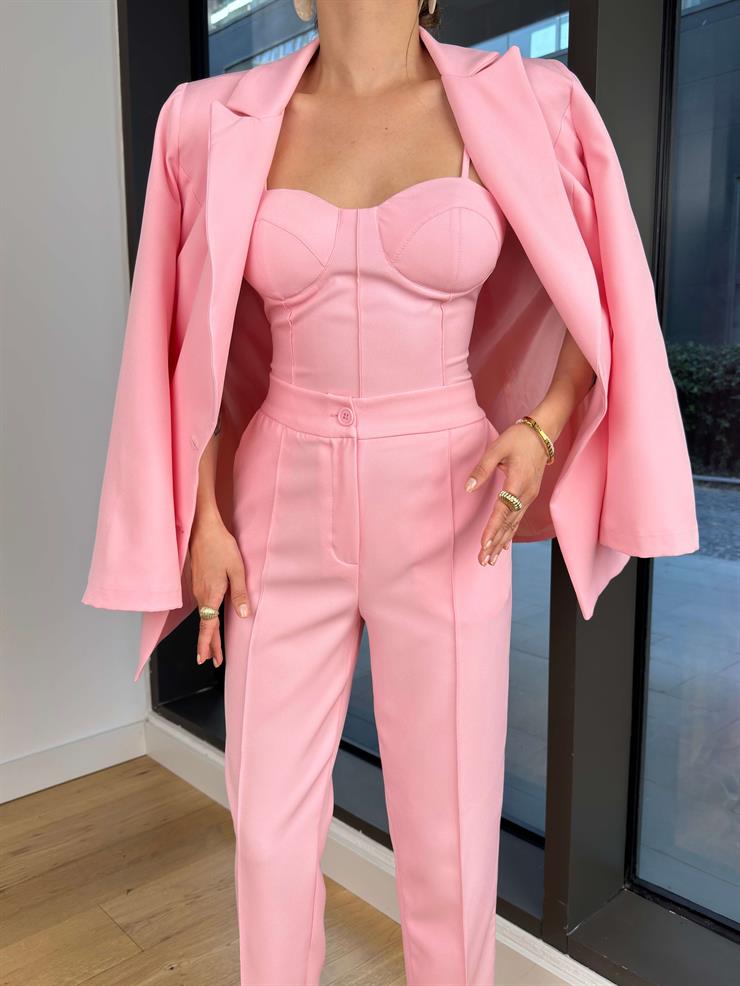 Askılı Korse Görünüm Crop Düğme Kapamalı Blazer Ceket Yüksek Bel Pantolon Adelisa Pembe Kadın Üçlü Takım 25Y493