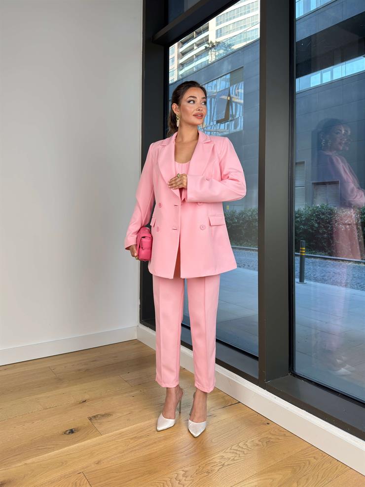Askılı Korse Görünüm Crop Düğme Kapamalı Blazer Ceket Yüksek Bel Pantolon Adelisa Pembe Kadın Üçlü Takım 25Y493
