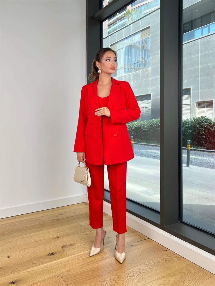 Askılı Korse Görünüm Crop Düğme Kapamalı Blazer Ceket Yüksek Bel Pantolon Adelisa Kırmızı Kadın Üçlü Takım 25Y493