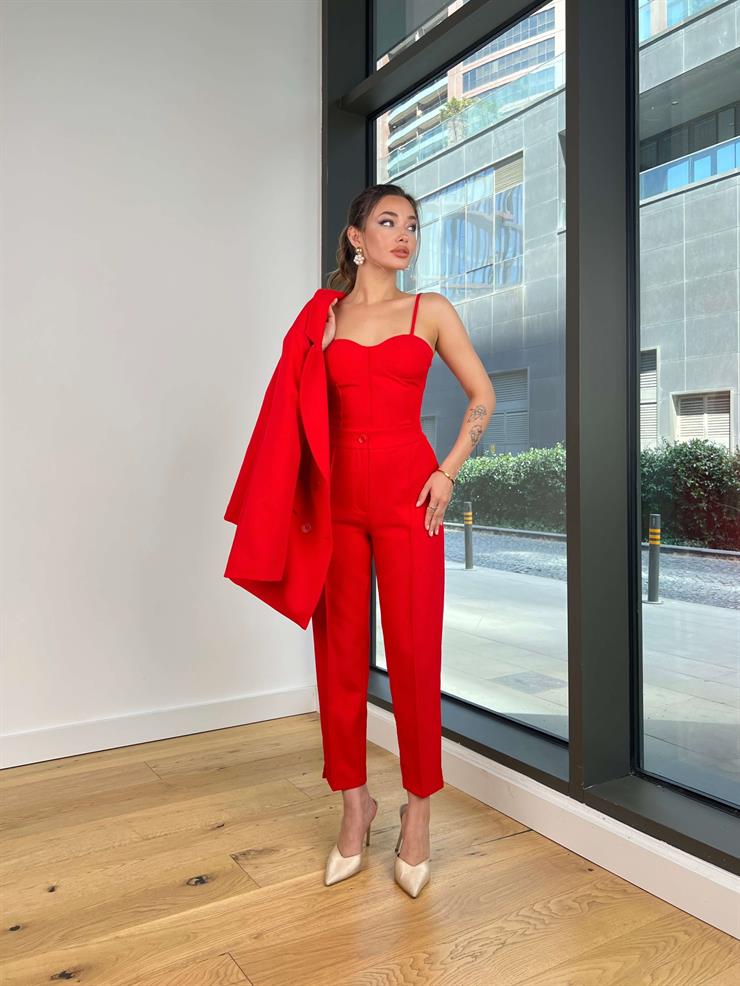 Askılı Korse Görünüm Crop Düğme Kapamalı Blazer Ceket Yüksek Bel Pantolon Adelisa Kırmızı Kadın Üçlü Takım 25Y493