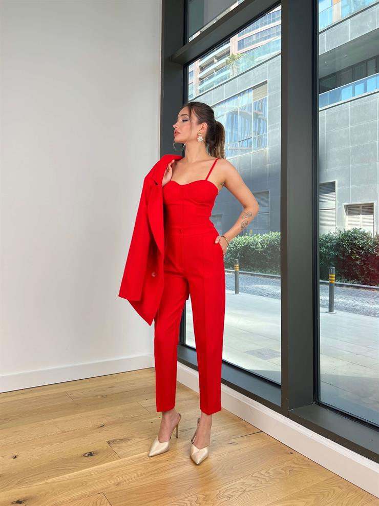 Askılı Korse Görünüm Crop Düğme Kapamalı Blazer Ceket Yüksek Bel Pantolon Adelisa Kırmızı Kadın Üçlü Takım 25Y493
