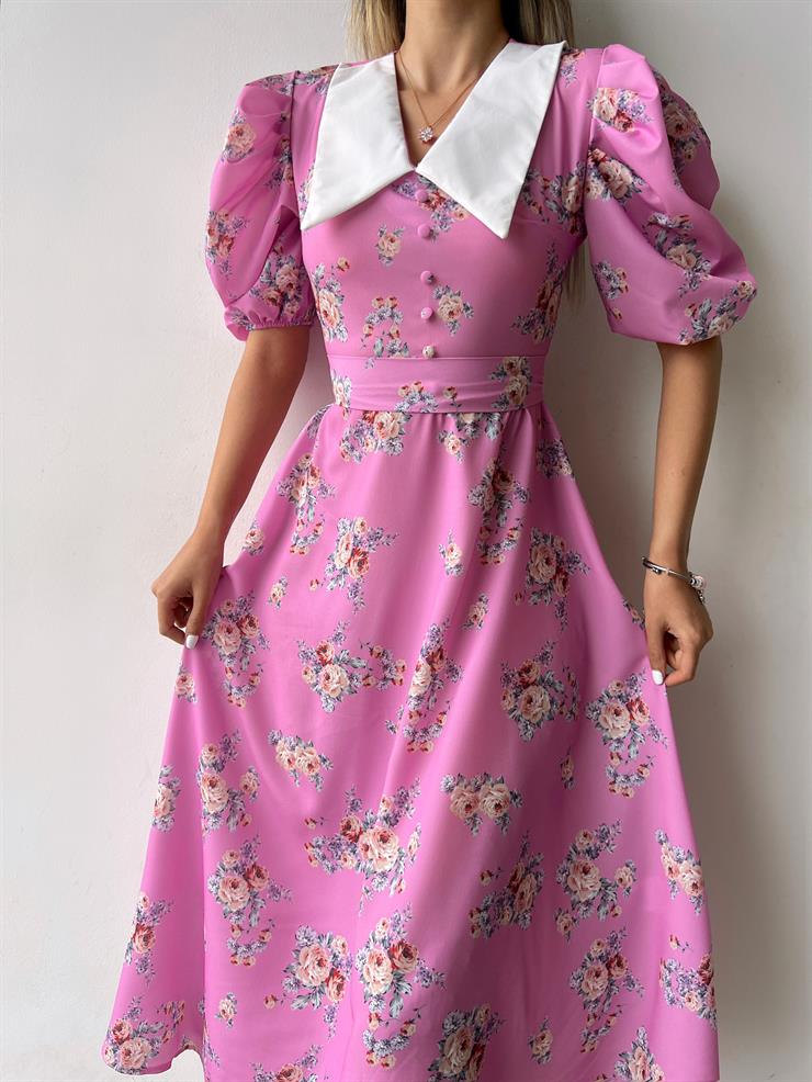 Gömlek Yaka Balon Kol Önü Düğme Detaylı Adeus Kadın Pembe Elbise 23Y000234