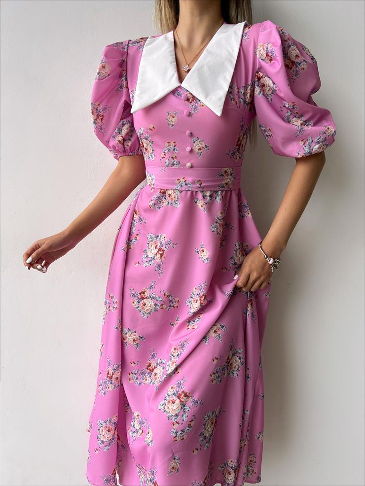 Gömlek Yaka Balon Kol Önü Düğme Detaylı Adeus Kadın Pembe Elbise 23Y000234