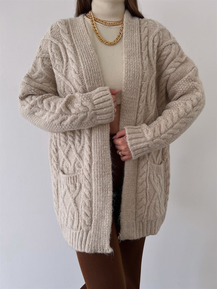 Desenli Yanları Cepli Adin Kadın Taş Triko Hırka 23K000293