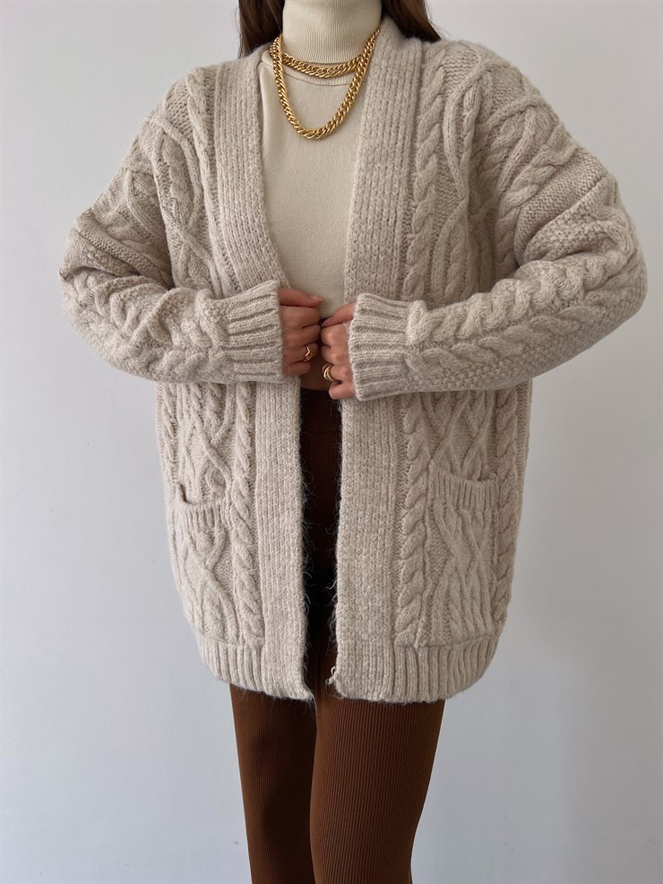 Desenli Yanları Cepli Adin Kadın Taş Triko Hırka 23K000293