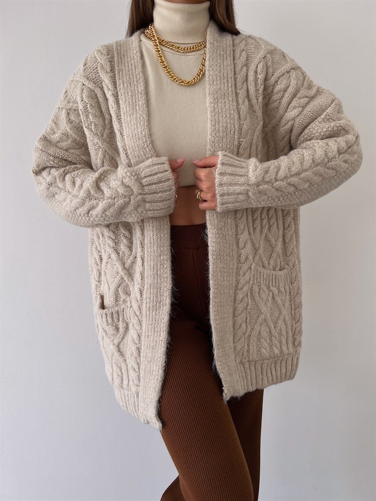 Desenli Yanları Cepli Adin Kadın Taş Triko Hırka 23K000293