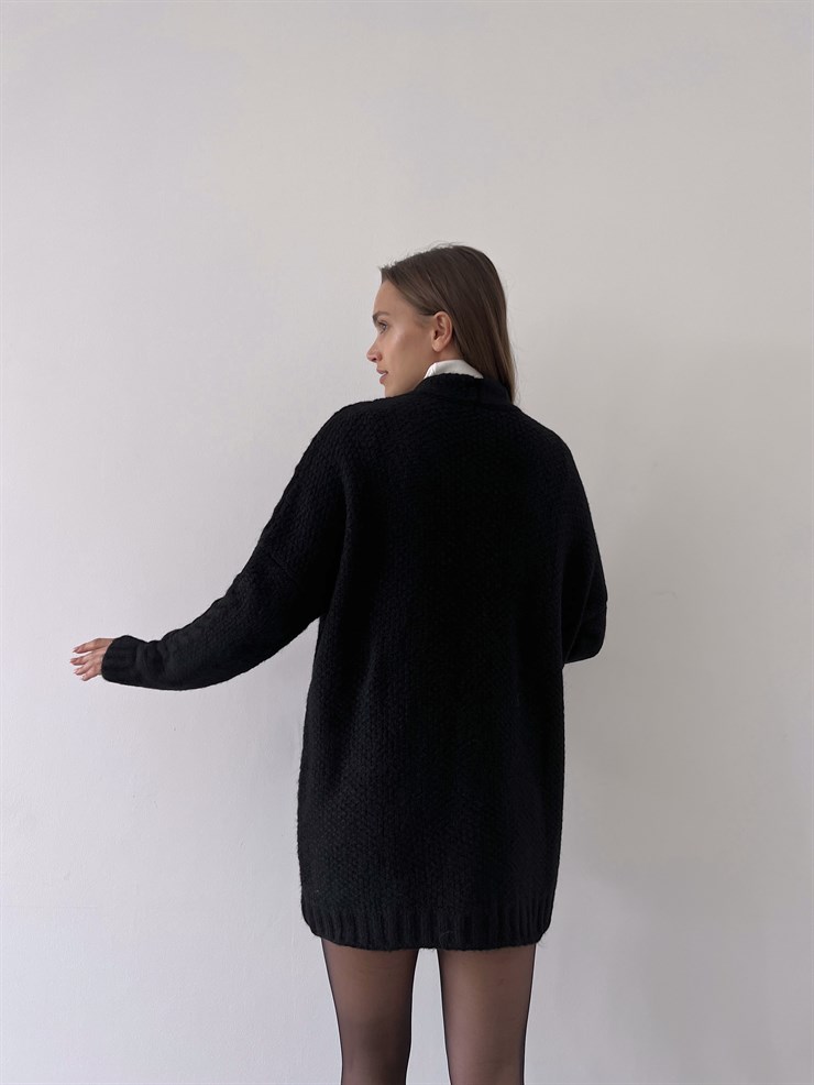 Desenli Yanları Cepli Adin Kadın Siyah Triko Hırka 23K000293