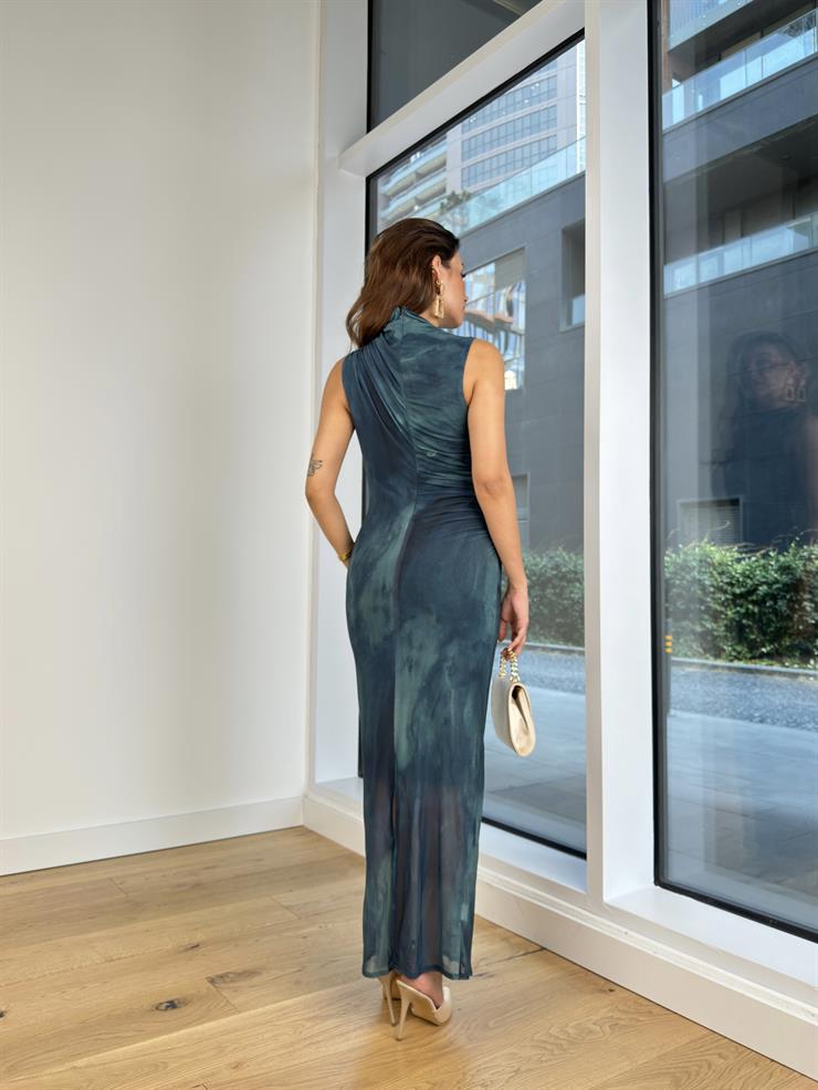 Kısa Kollu Drape Detaylı Tül Adisa Kadın Petrol Yeşili Midi Elbise 24Y838