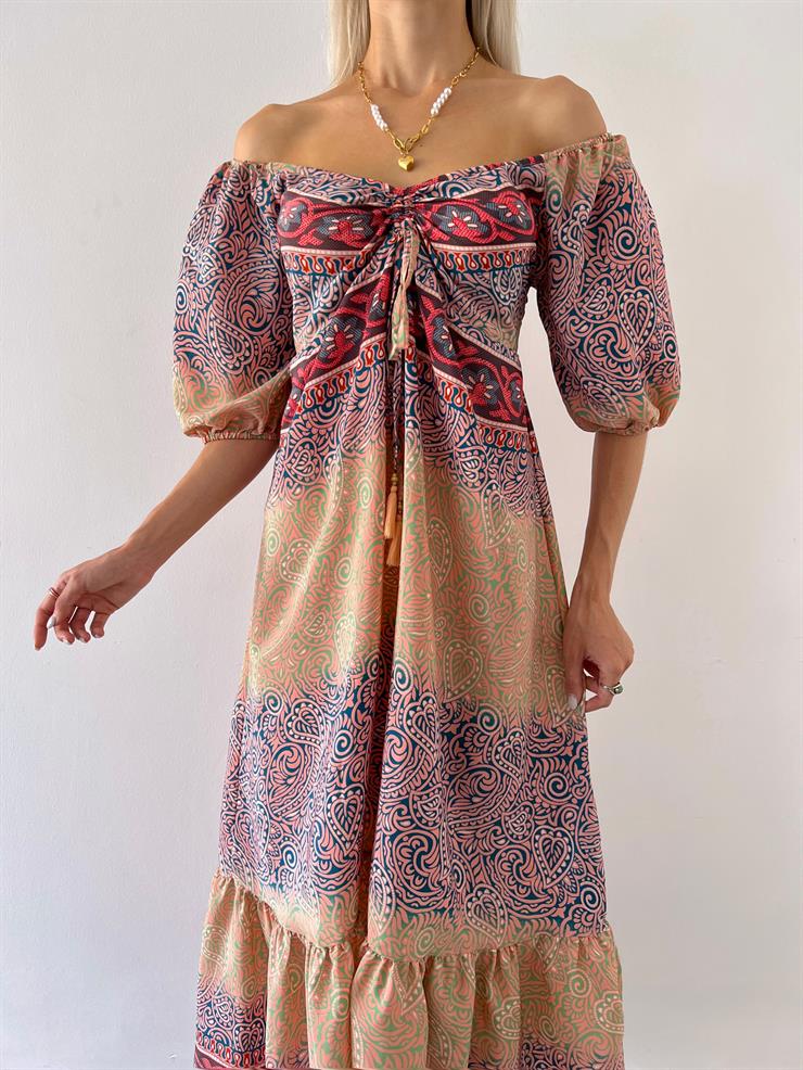 Düşük Omuz Önü Büzgü Detaylı Balon Kol Admire Kadın Renkli Desenli Elbise 23Y000557