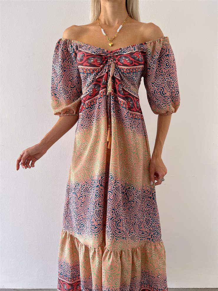 Düşük Omuz Önü Büzgü Detaylı Balon Kol Admire Kadın Renkli Desenli Elbise 23Y000557