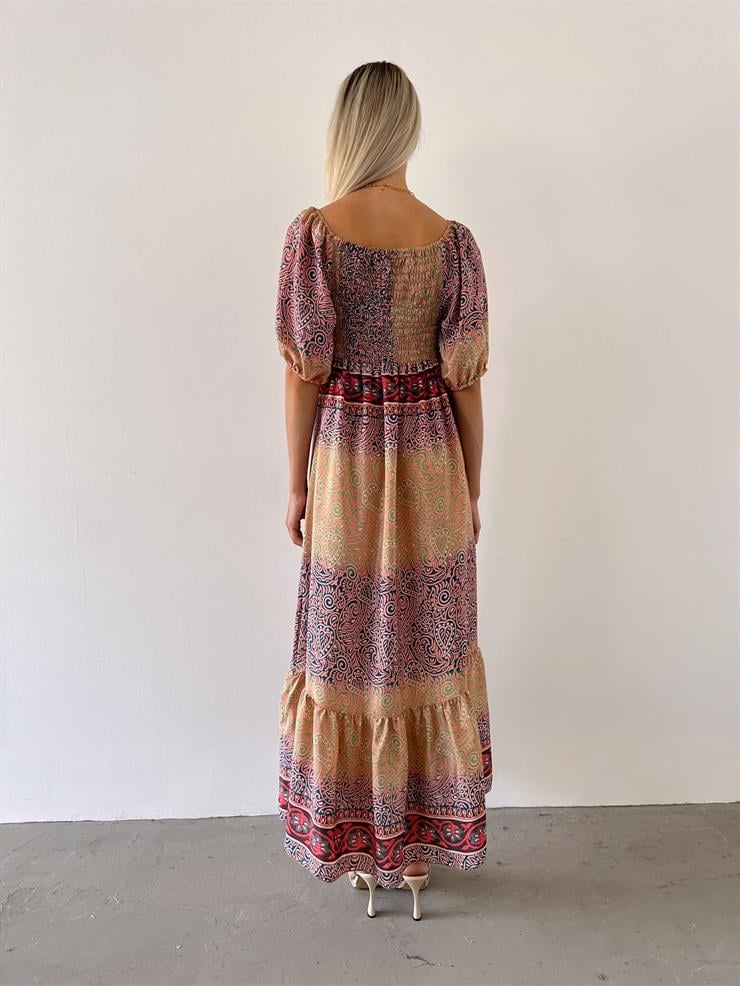 Düşük Omuz Önü Büzgü Detaylı Balon Kol Admire Kadın Renkli Desenli Elbise 23Y000557