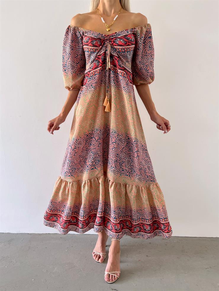 Düşük Omuz Önü Büzgü Detaylı Balon Kol Admire Kadın Renkli Desenli Elbise 23Y000557