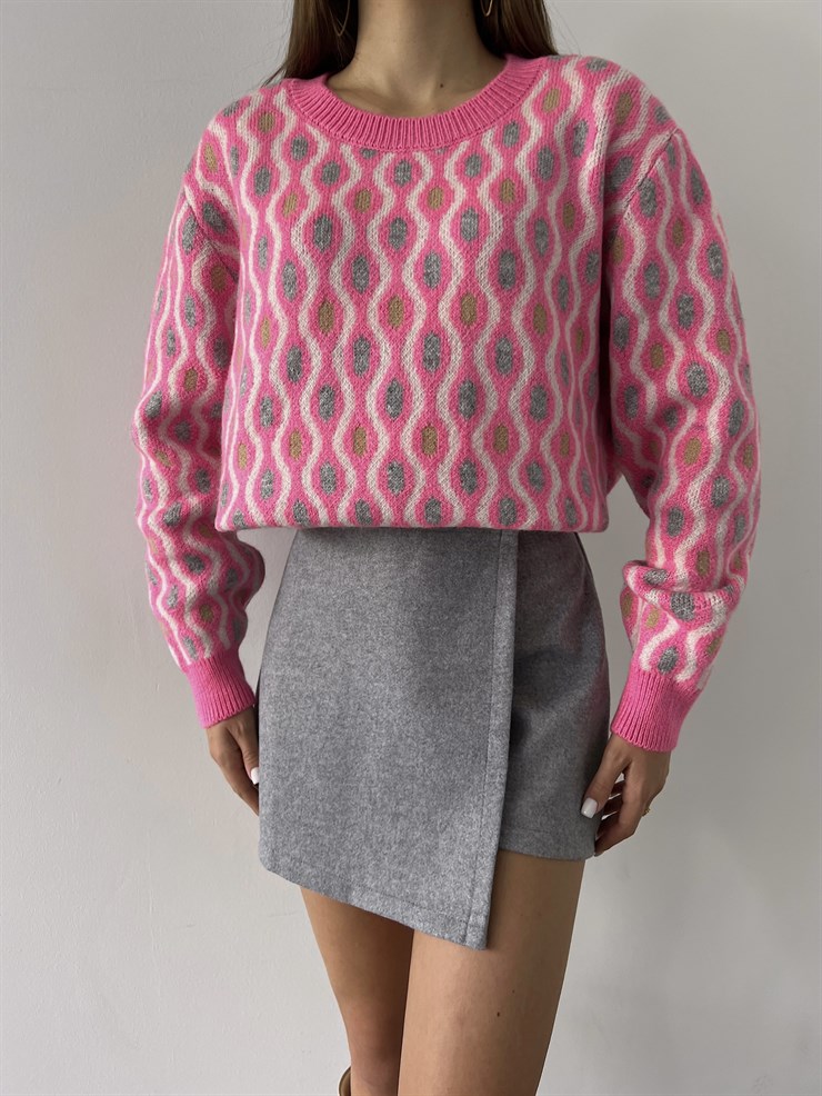 Bisiklet Yaka Desenli Adna Kadın Pembe Kazak 23K000288