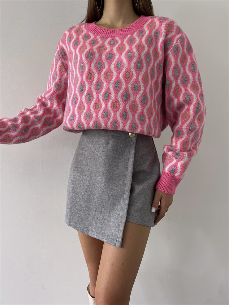 Bisiklet Yaka Desenli Adna Kadın Pembe Kazak 23K000288