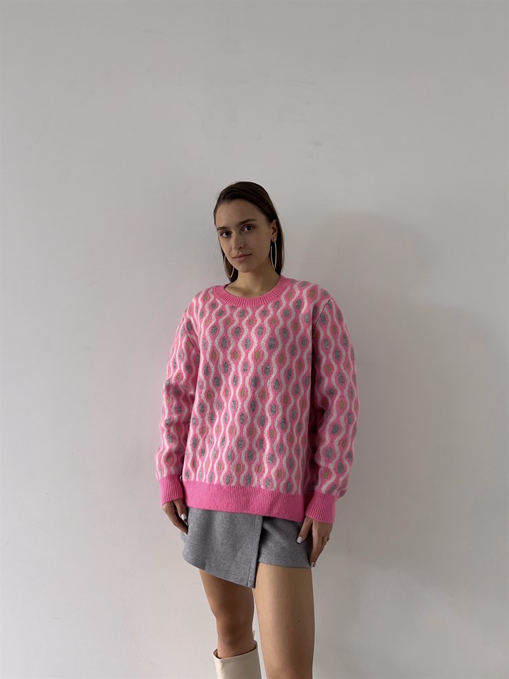 Bisiklet Yaka Desenli Adna Kadın Pembe Kazak 23K000288