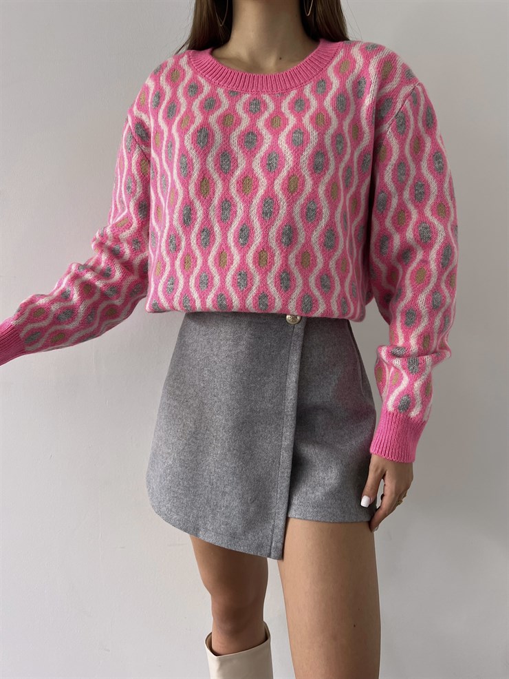 Bisiklet Yaka Desenli Adna Kadın Pembe Kazak 23K000288