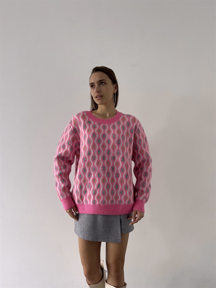 Bisiklet Yaka Desenli Adna Kadın Pembe Kazak 23K000288