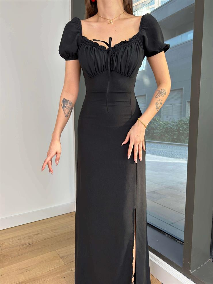 Kısa Kol Göğüs Büzgülü Eteği Yırtmaçlı Aerobin Kadın Siyah Elbise 24Y094