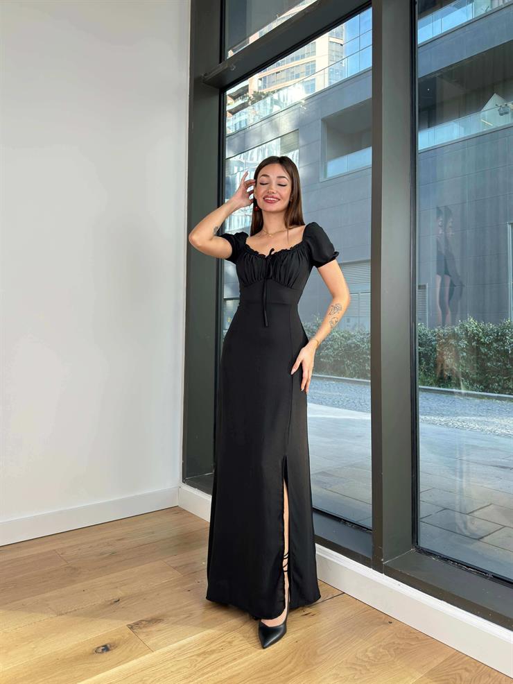 Kısa Kol Göğüs Büzgülü Eteği Yırtmaçlı Aerobin Kadın Siyah Elbise 24Y094