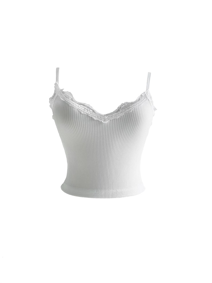 İnce Askılı Önü Dantelli V Yaka Agata Kadın Beyaz Crop 22Y000514