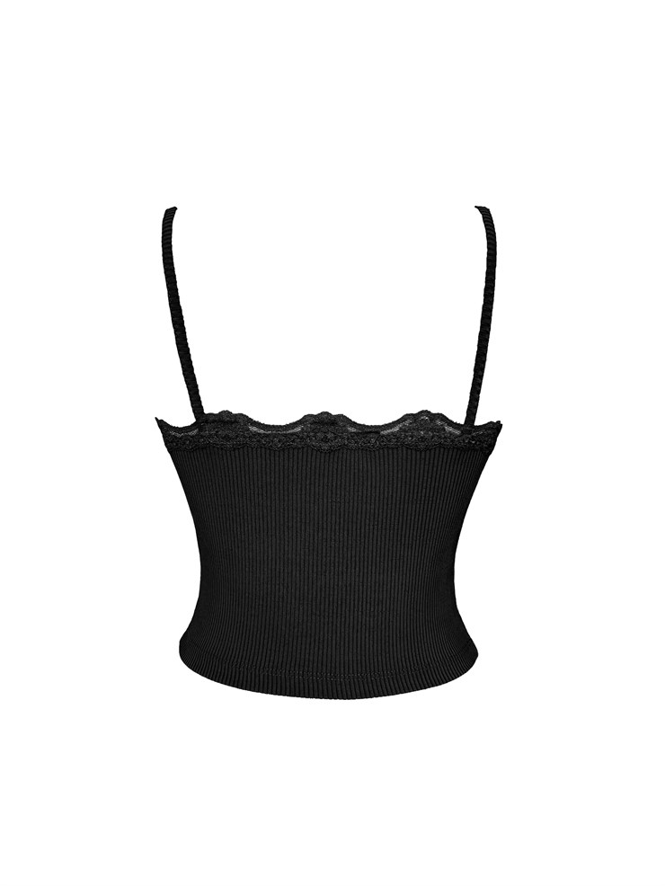 İnce Askılı Önü Dantelli V Yaka Agata Kadın Siyah Crop 22Y000514