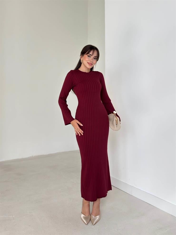 Bisiklet Yaka Agatha Bordo Triko Kadın Elbise 26K003