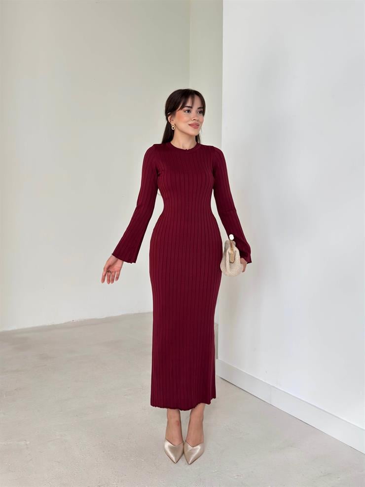 Bisiklet Yaka Agatha Bordo Triko Kadın Elbise 26K003