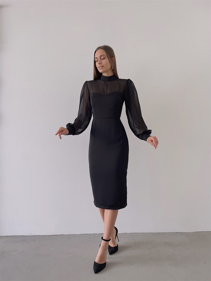 Boğazlı Uzun Tül Kol Agathe Kadın Siyah Midi Boy Elbise 23K000156