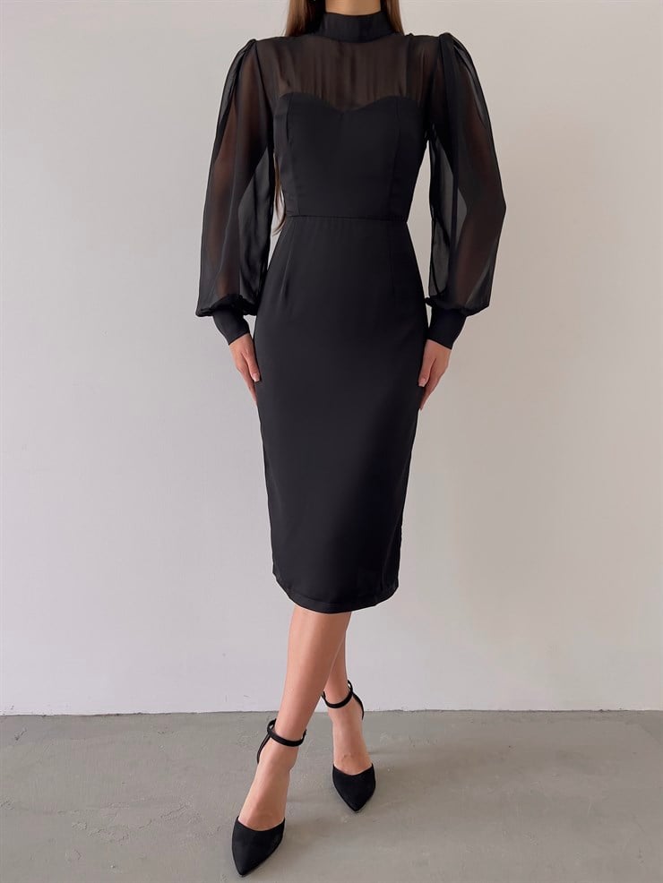 Boğazlı Uzun Tül Kol Agathe Kadın Siyah Midi Boy Elbise 23K000156