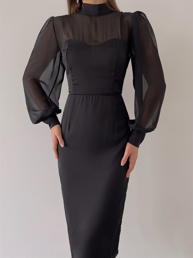 Boğazlı Uzun Tül Kol Agathe Kadın Siyah Midi Boy Elbise 23K000156