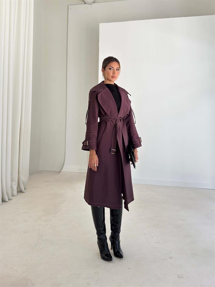 Geniş Yaka Cepli Kendinden Kemerli Agnes Bordo Kadın Trençkot 26K015