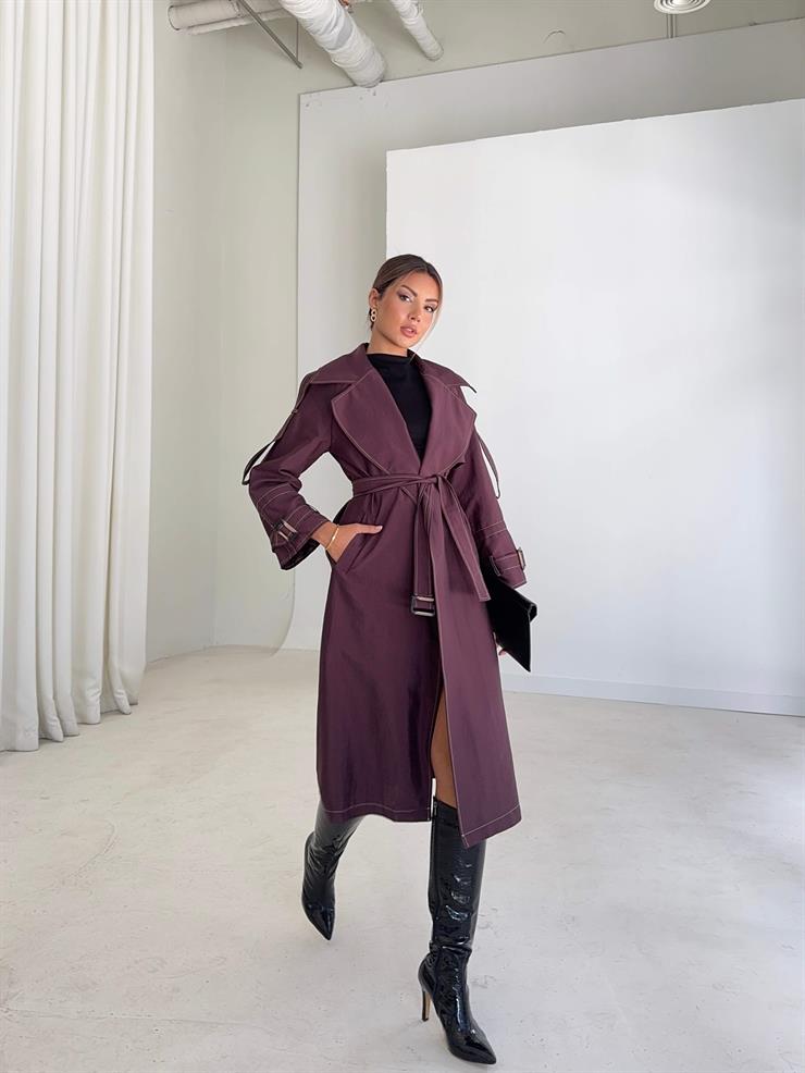 Geniş Yaka Cepli Kendinden Kemerli Agnes Bordo Kadın Trençkot 26K015