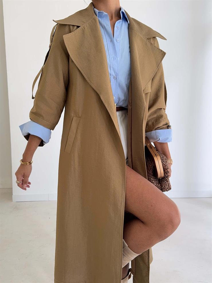 Geniş Yaka Cepli Kendinden Kemerli Agnes Vizon Kadın Trençkot 26K015