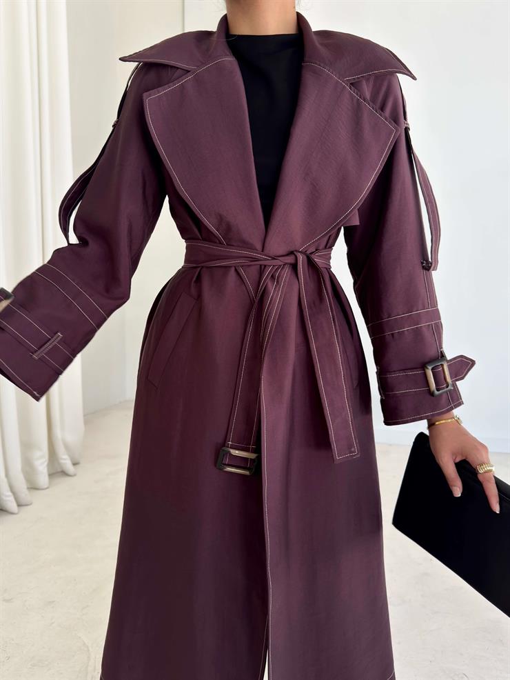 Geniş Yaka Cepli Kendinden Kemerli Agnes Bordo Kadın Trençkot 26K015