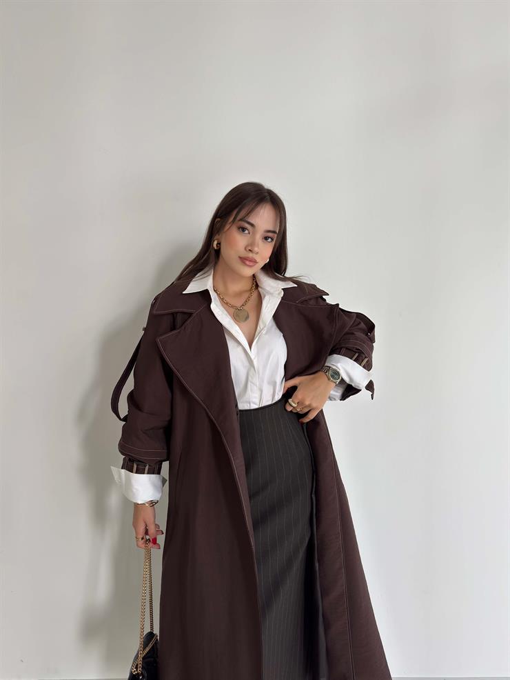 Geniş Yaka Cepli Kendinden Kemerli Agnes Kahve Kadın Trençkot 26K015