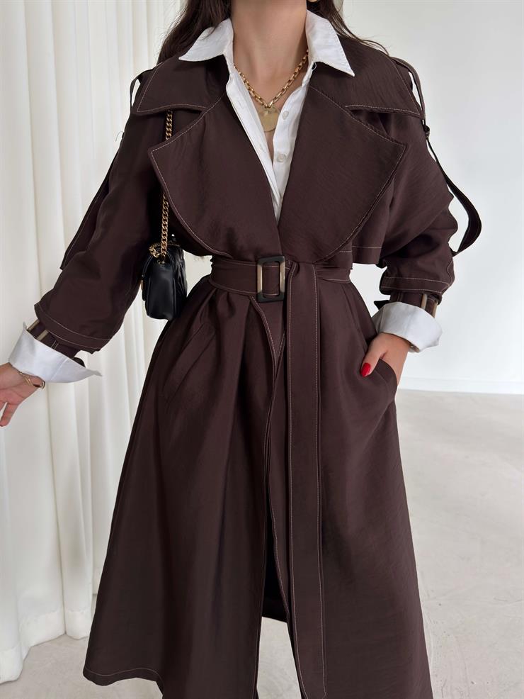 Geniş Yaka Cepli Kendinden Kemerli Agnes Kahve Kadın Trençkot 26K015