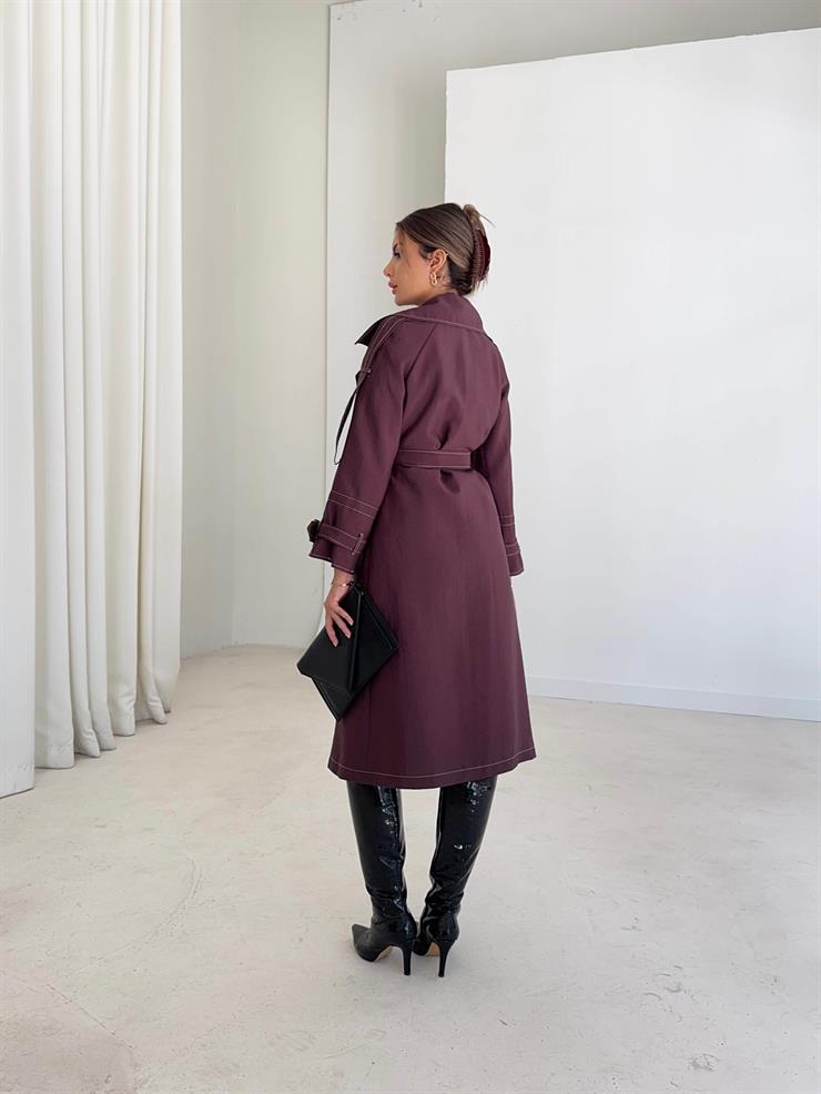 Geniş Yaka Cepli Kendinden Kemerli Agnes Bordo Kadın Trençkot 26K015