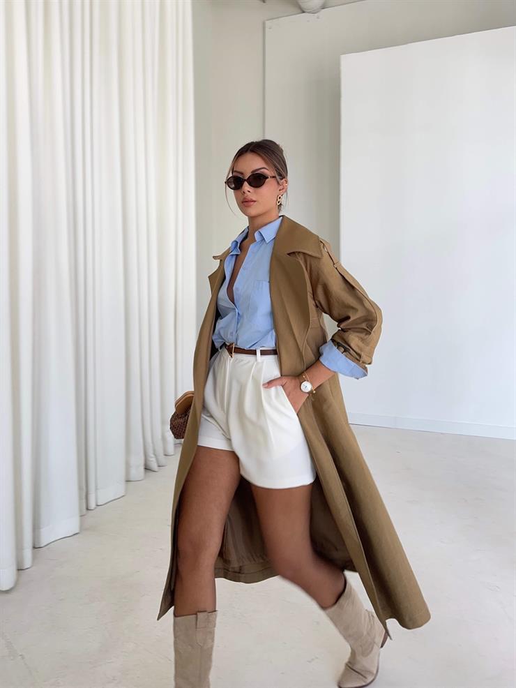 Geniş Yaka Cepli Kendinden Kemerli Agnes Vizon Kadın Trençkot 26K015