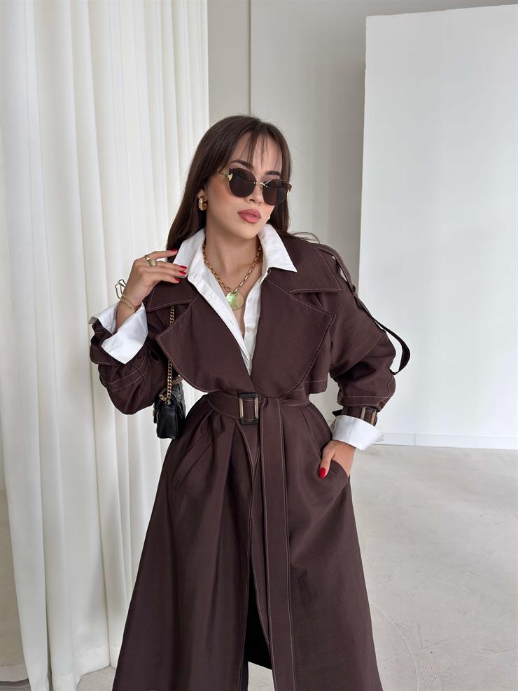 Geniş Yaka Cepli Kendinden Kemerli Agnes Kahve Kadın Trençkot 26K015