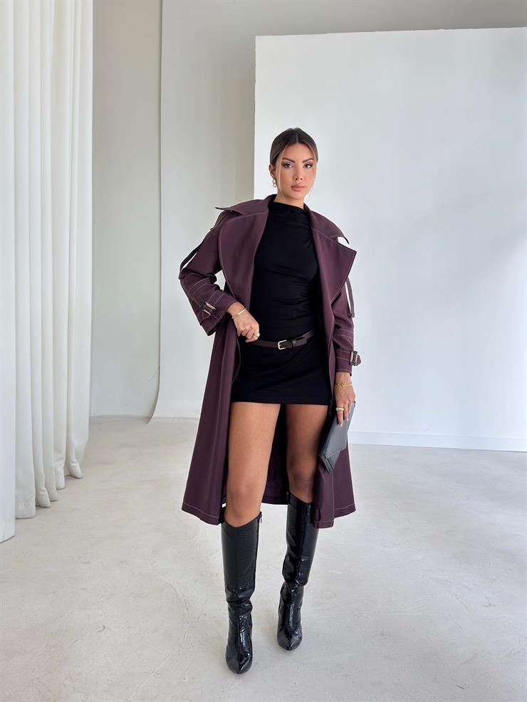 Geniş Yaka Cepli Kendinden Kemerli Agnes Bordo Kadın Trençkot 26K015